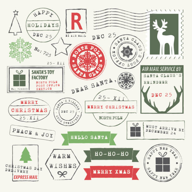 Christmas Rubber Stamp Collection Vector Illustration of Christmas stamps and wishes. Letter to Santa Rubber Stamps. Dear Santa, Ho-Ho-Ho, Merry Christmas, Hello Santa, Santa Claus reindeer, Express Delivery, North Pole post office santa letter stock illustrations