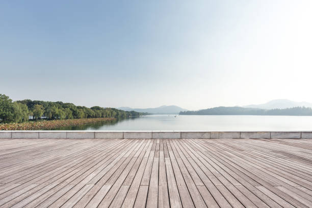 istock empty wooden floor with beautiful lake in blue sky 886384468