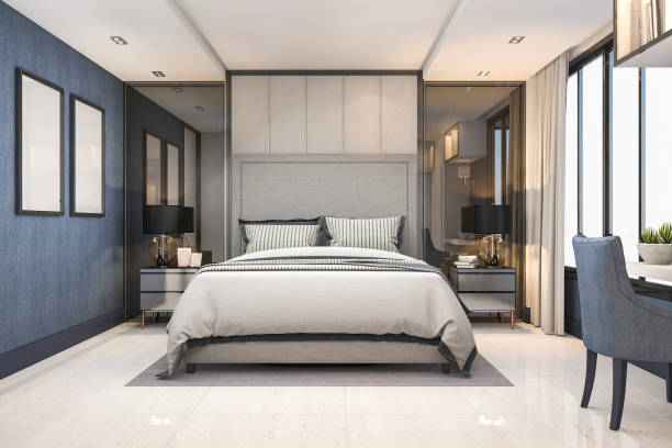 istock 3d rendering blue modern luxury bedroom suite in hotel with decor 886424388