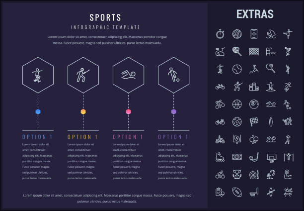 ilustraciones, imágenes clip art, dibujos animados e iconos de stock de los iconos, los elementos y deportes infografía plantilla - tennis in a row team ball