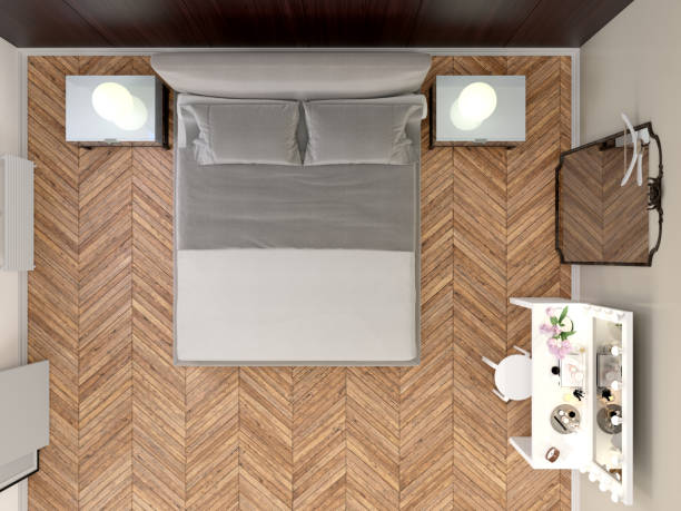 istock Modern bedroom minimal style, overhead view 886442398
