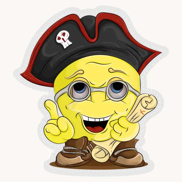 Vector illustration of the smiley in the header of a pirate with a map in hand