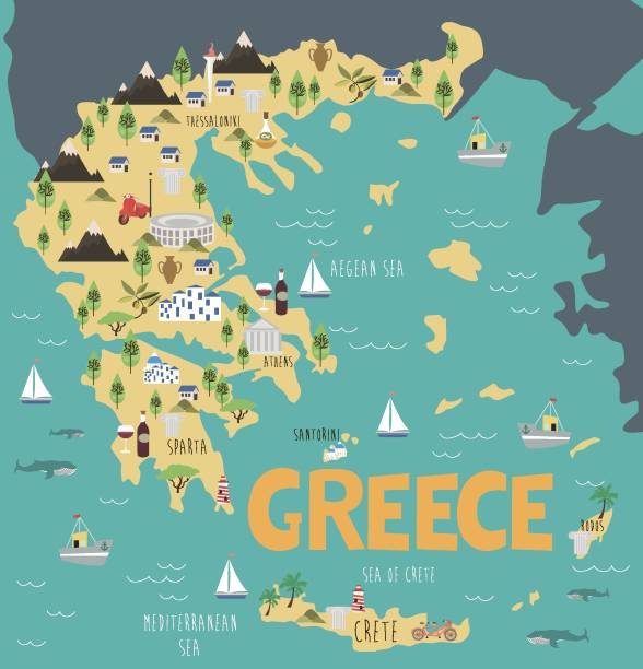 ilustrações de stock, clip art, desenhos animados e ícones de illustration map of greece with nature, animals and landmarks - greece