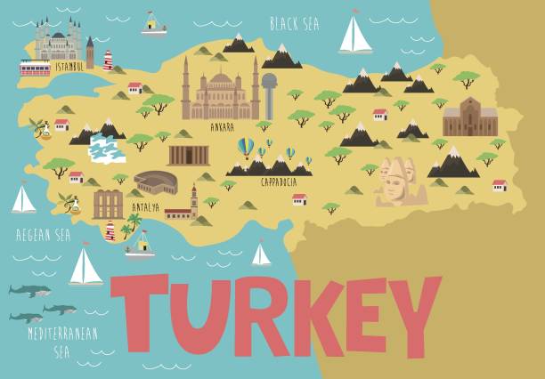 Illustration map of Turkey with nature, animals and landmarks Illustration map of Turkey with nature, animals and landmarks. Editable Vector illustration map of turkey nevsehir stock illustrations