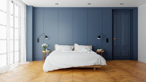 cosecha interior moderno de dormitorio, cama de madera con aplique en parguet suelo y pared azul oscurezca, render 3d - bedroom blue bed domestic room fotografías e imágenes de stock