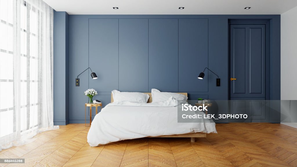 Vintage Modern interior de la chambre, lit en bois avec lampe de mur sur parguet plancher et mur bleu foncé, rendu 3d - Photo de Chambre à coucher libre de droits