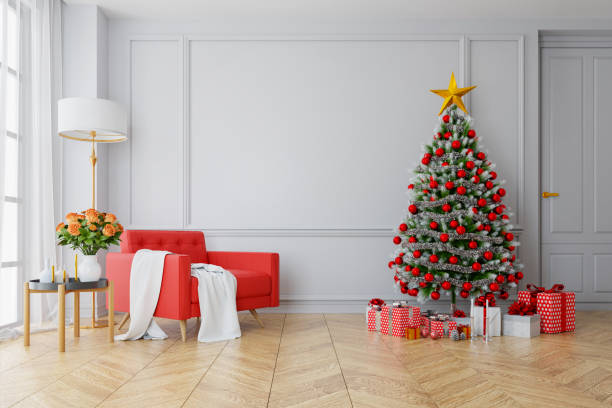 sofá de la sala de estar moderna, rojo en la pared blanca y piso de madera, decorar árbol de navidad en casa para las vacaciones, render 3d - christmas window santa claus lighting equipment fotografías e imágenes de stock