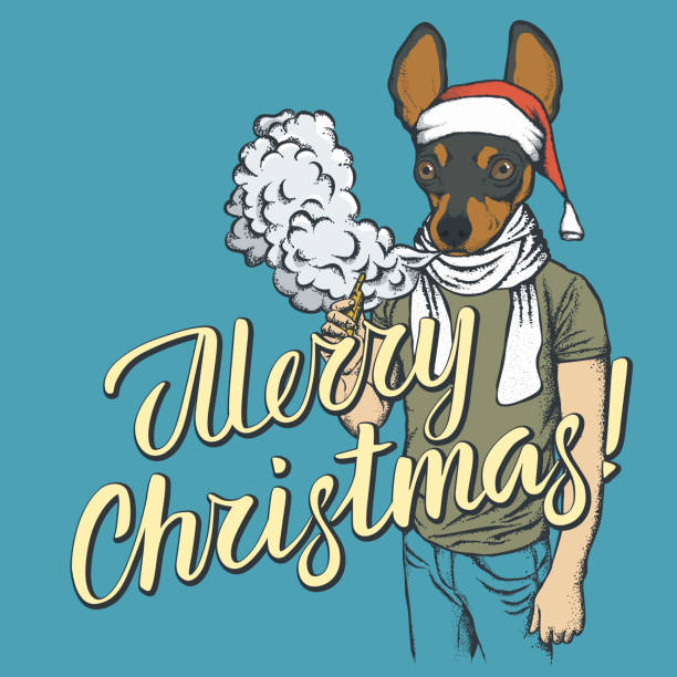 Dog vaping an electronic cigarette on Christmas Dog toy terrier vector Christmas concept. Dog smoking or vaping an electronic cigarette celebrating new year dog marijuana stock illustrations