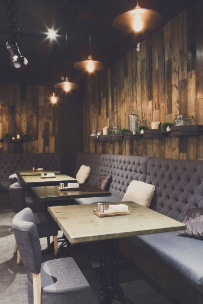 istock Cozy wooden interior of restaurant, copy space 886479286