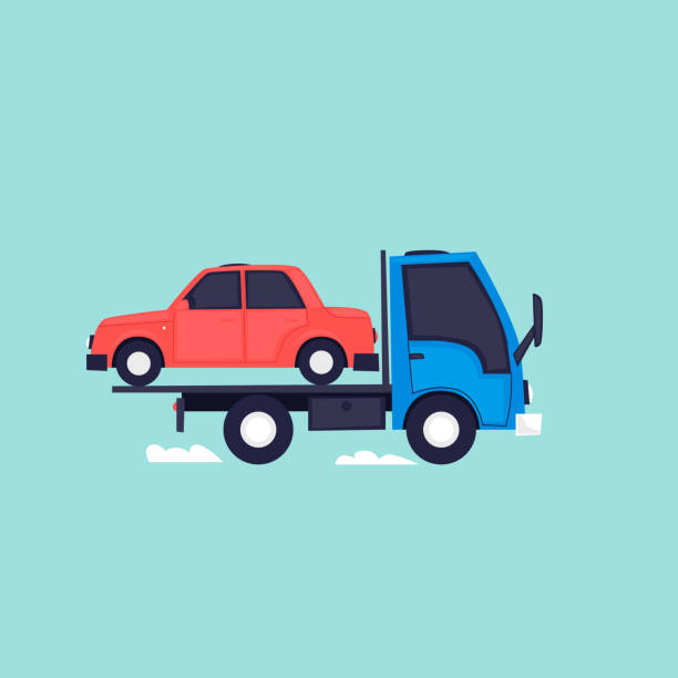 illustrazioni stock, clip art, cartoni animati e icone di tendenza di evacuatore, auto in auto. illustrazione vettoriale di design piatto. - car motor vehicle towing repairing