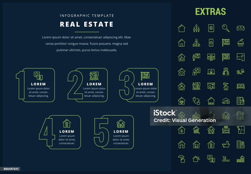 Real estate infographic template, elements, icons Real estate options infographic template, elements and icons. Infograph includes line icon set with real estate agent, architecture engineering, investment broker, family house, property sale etc. Infographic stock vector