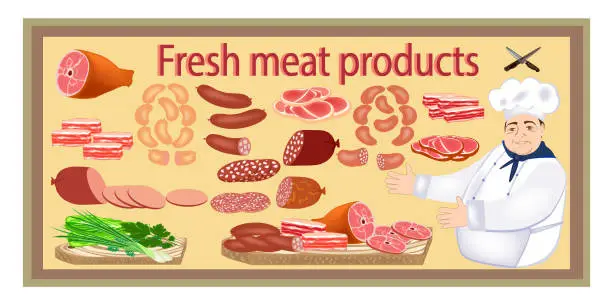 Vector illustration of Happy chef in uniform and meat products. Sausage, pork, beef, bacon. Fresh meat products and chef. Illustration for meat shop or meat market.