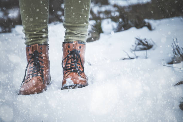 istock Girl in boots on the snow expecting winter. 886495048