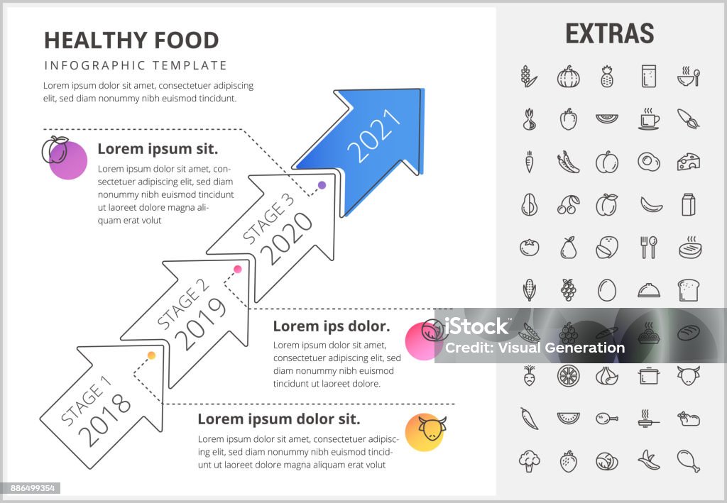 Healthy food infographic template, elements, icons Healthy food timeline infographic template, elements and icons. Infograph includes arrow stages with years, line icon set with food plate, restaurant meal ingredients, eat plan, healthy vegetables etc Arrow Symbol stock vector