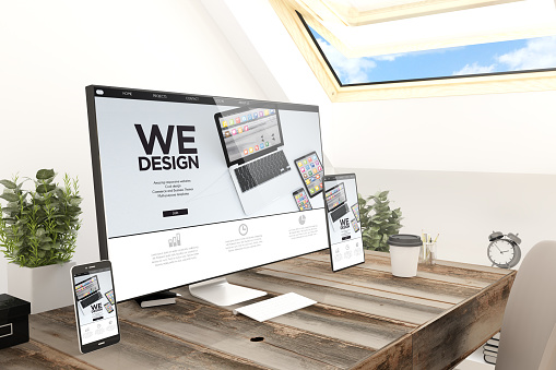 3d rendering of technology devices responsive website screen devices in attic workplace