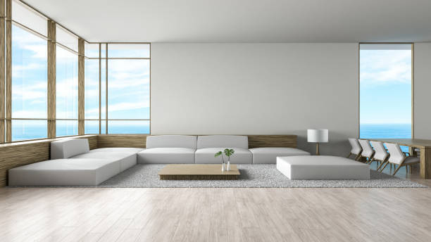 istock Modern interior living room wood floor sofa set sea view summer 3d rendering 886503640