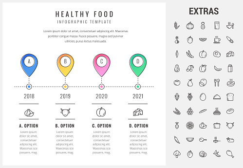 Healthy food timeline infographic template, elements and icons. Infograph includes options with years, line icon set with food plate, restaurant meal ingredients, eat plan, healthy vegetables etc.