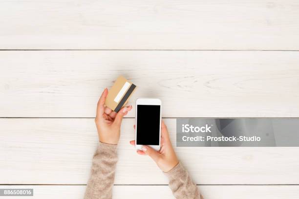 Online Shopping In Internet Concept Stock Photo - Download Image Now - Mobile Phone, Portable Information Device, White Background