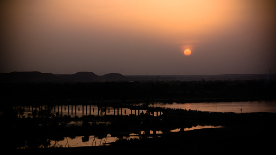 Aerial view to Niger river in Niamey at sunset, Niger