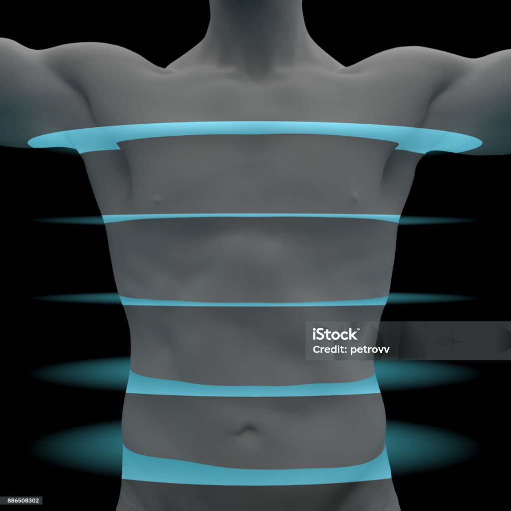 male torso is scanned by light layers male torso is scanned by light layers. 3d rendering MRI Scanner Stock Photo