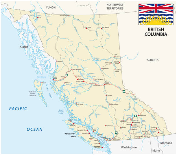 ilustraciones, imágenes clip art, dibujos animados e iconos de stock de mapa de ruta de colombia británico con la bandera - alberta map canada cartography