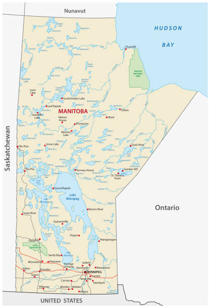 ilustraciones, imágenes clip art, dibujos animados e iconos de stock de mapa de carreteras de manitoba - manitoba