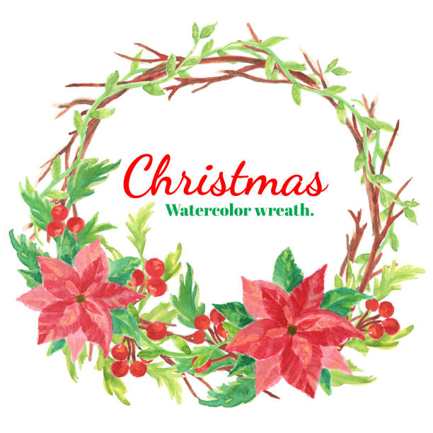 ilustrações de stock, clip art, desenhos animados e ícones de christmas and new year of wreth. watercolor clip art is christmas wreth with red poppy, holly and leaf. the image is illustration for object, frame and card. - christmas holly frame ivy