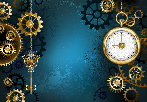 Turquoise Background with Gears Turquoise, textured, steampunk background with brass and gold gears, a silver key and the clock. Steampunk style. steampunk stock illustrations