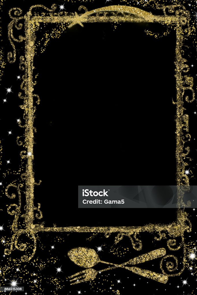 Background for writing Nativity  menu Background for writing  Christmas menu, freehand  golden glitter drawing  of menu symbol or recipes and empty space on black backgroud, vertical image. Dinner Stock Photo