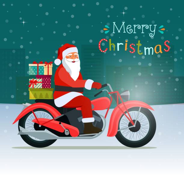 istock Retro red motorcycle with santa claus and gift boxes. Vector flat style illustration 886515576
