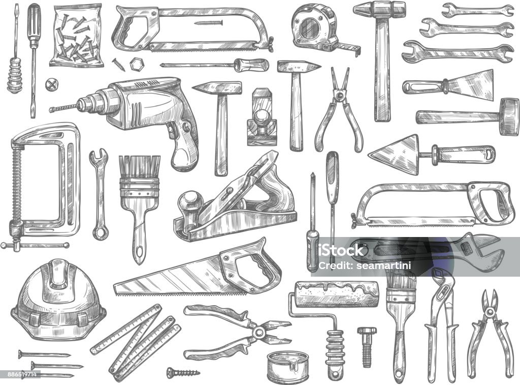 Vektor-Arbeitsgeräte skizzieren Sie Symbole für Haus Reparatur - Lizenzfrei Werkzeug Vektorgrafik