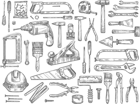 House repair work tools sketch icons. Vector isolated set of home construction drill, saw or hammer and carpentry woodwork grinder, ruler or screwdriver and plastering trowel or paint brush