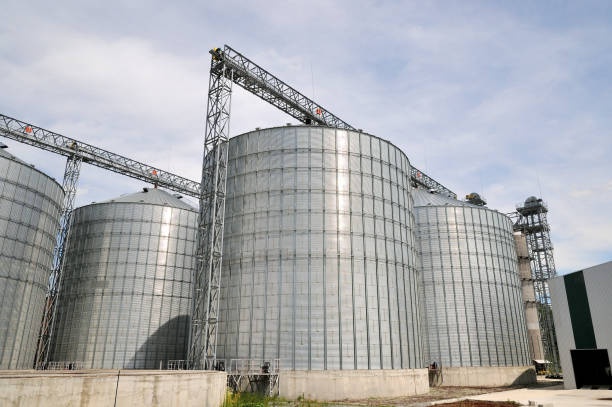 istock Agricultural Silos. Metal grain facility with silos. 886519842