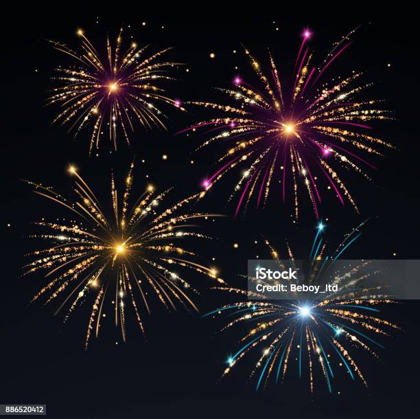 Set Of Vector Fireworks Stock Illustration - Download Image Now - Firework Display, Firework - Explosive Material, Black Background