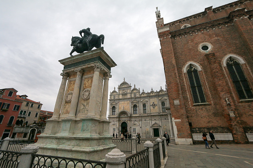 This equestrian statue stands outside the Santi Giovanni e Paolo Church in Venice and was designed by Andrea del Verrocchio between 1480-1488