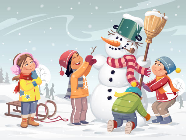ilustrações de stock, clip art, desenhos animados e ícones de happy kids building a snowman - christmas snow child winter