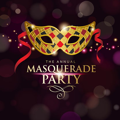 An invitation to the Venice Masquerade Party with golden mask on the dark background