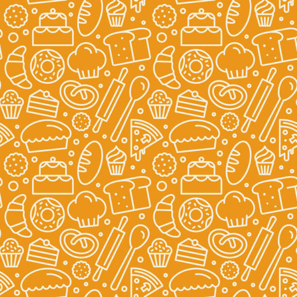 illustrations, cliparts, dessins animés et icônes de modèle seamless vector avec icônes linéaires et des illustrations liées à la boulangerie, café, boutique de cupcake - food backgrounds