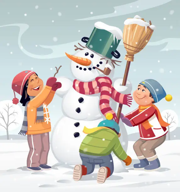 Vector illustration of Happy Children Building A Snowman