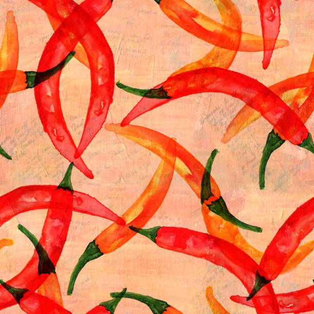 бесшовный узор акварели перца чили на старых текстах - mexican cuisine illustrations stock illustrations