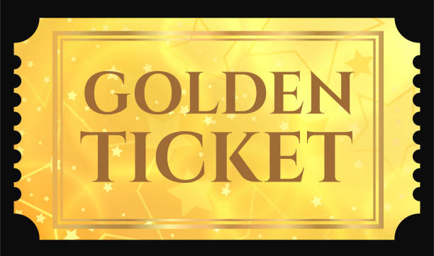 Gold ticket, golden token (tear-off ticket, coupon) with star magical background Useful for any festival, party, cinema, event, entertainment show ticket stock illustrations