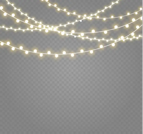 Vector illustration of Christmas lights isolated on transparent background. Xmas glowing garland.Vector illustration