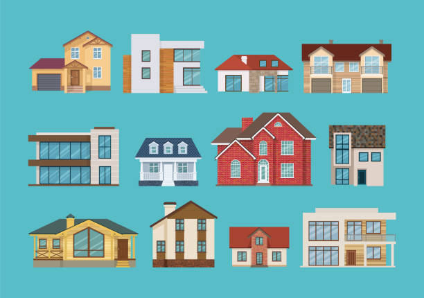 Set of colorful suburban houses and cottages, family vacation houses Set of different colorful suburban houses and cottages, family vacation houses, mansion, real estate in rural area. Facade apartment house. Vector illustration isolated. mansion stock illustrations