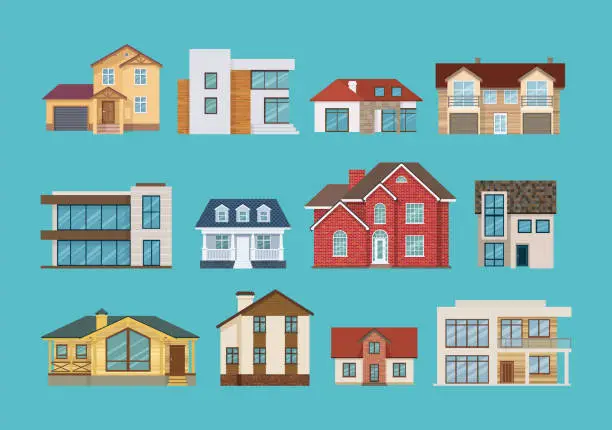 Vector illustration of Set of colorful suburban houses and cottages, family vacation houses