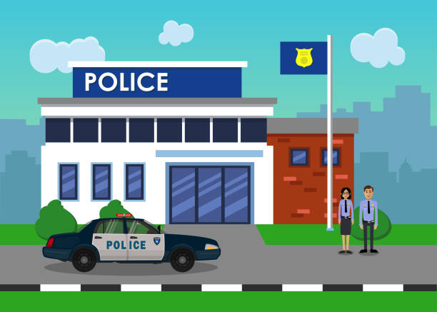 The police car opposite the of the police station The police car opposite the of the police station. Vector illustration. police station stock illustrations
