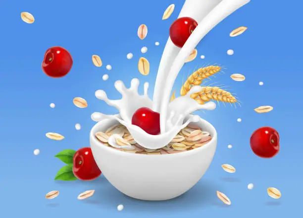 Vector illustration of Oatmeals, Oat flakes muesli with cherry and milk splash vector illustration.