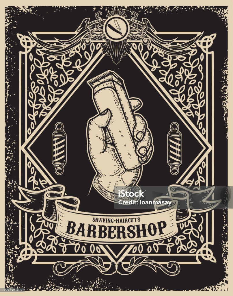barber shop poster template. Human hand with hair clipper. Design element for card, banner, flyer. Vector illustration Gentlemen's Club stock vector