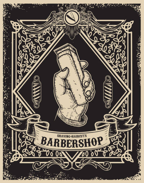 barber shop poster template. Human hand with hair clipper. Design element for card, banner, flyer. Vector illustration barber shop poster template. Human hand with hair clipper. Design element for card, banner, flyer. Vector illustration gentlemens club stock illustrations