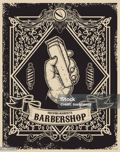 Barber Shop Poster Template Human Hand With Hair Clipper Design Element For Card Banner Flyer Vector Illustration Stock Illustration - Download Image Now