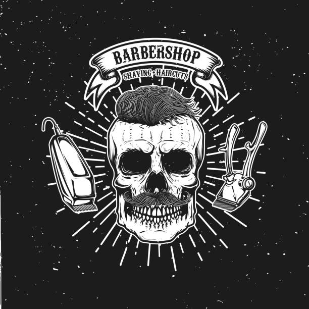 Barbershop emblem template. Hipster skull with mustache. Design element for poster, card, banner. Vector illustration Barbershop emblem template. Hipster skull with mustache. Design element for poster, card, banner. Vector illustration gentlemens club stock illustrations